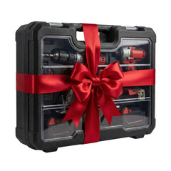 A gift-wrapped power tool set in a durable case, transparent background