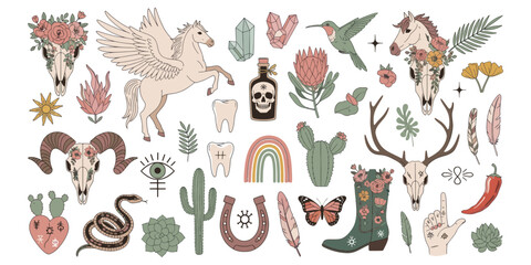 Obraz premium ystic Western Boho Collection with Pegasus Skulls and Desert Icons Vector