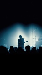 Solo guitarist on neon background with minimal crowd blur and banner layout