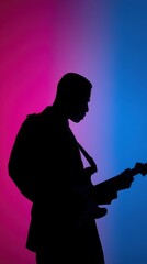 guitarist in spotlight tunnel with soft gradient banner backdrop