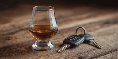 Car keys beside a glass of whiskey on a wooden table at night, stark warning about the dangers and consequences of drinking and driving