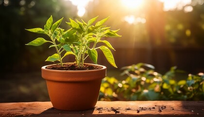 A Chili Plant In A Terracotta Pot Bathed In Sunlight