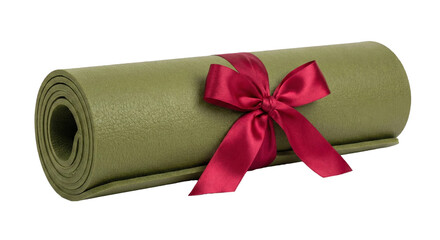 A rolled green exercise mat tied with a red ribbon, transparent background
