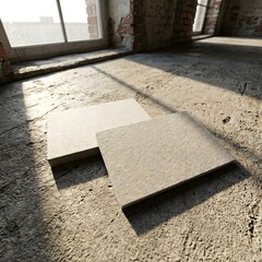 Two square tiles on a concrete floor in a sunlit room ready for installation.