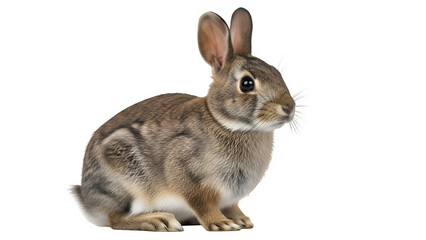 Fototapeta premium Brown wild rabbit sitting alert, isolated on white or transparent background, high resolution, studio lighting, sharp focus, detailed fur, clean cutout, minimal shadow, PNG format