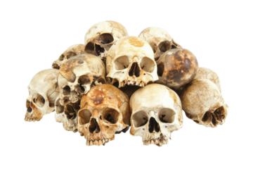 Pile of human skulls isolated on transparent background. Detailed view of a pile of human skulls isolated on white background.