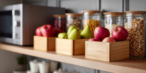 Close-up of wooden boxes with fresh apples and pears on kitchen shelf with glass jars of cereals and microwave in background