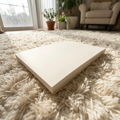 White rectangular object on a shaggy carpet in a bright room.