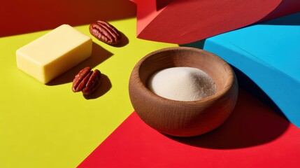 Sugar bowl with pecans and butter bar on rustic bar counter