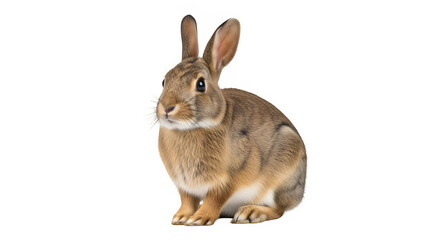 Obraz premium Brown wild rabbit sitting alert, isolated on white or transparent background, high resolution, studio lighting, sharp focus, detailed fur, clean cutout, minimal shadow, PNG format