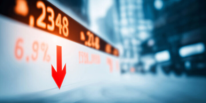Financial data on a digital screen displaying a significant drop, symbolizing economic recession and investment risk - Powered by Adobe