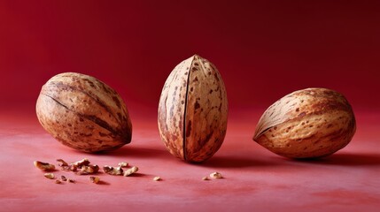 Pecan halves and shell shards on coral texture background