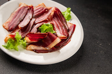 Duck breast slice magret smoked meat poultry meat food tasty snack fresh delicious gourmet food background on the table rustic food top view copy space