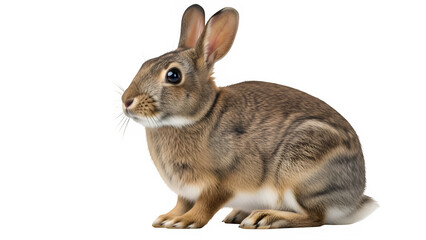 Obraz premium Brown wild rabbit sitting alert, isolated on white or transparent background, high resolution, studio lighting, sharp focus, detailed fur, clean cutout, minimal shadow, PNG format
