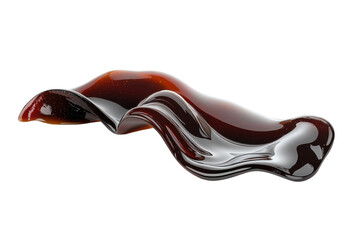 Abstract swirling liquid flow with dark red and brown tones isolated on transparent background. Ribbon like shape of dark fish sauce spill isolated on white background.