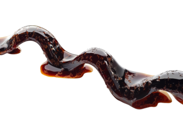 Abstract swirling liquid flow with dark red and brown tones isolated on transparent background. Ribbon like shape of dark fish sauce spill isolated on white background.