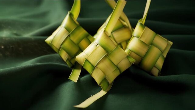Traditional Ketupat Rice Cakes Hung for Festive Occasions on Green Fabric