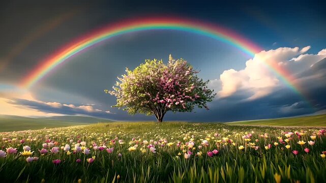 A vivid, highresolution digital artwork of a rainbow arching over a serene landscape. The sky is a clear blue with a few wispy clouds, and the sun casts a warm, golden hue over the scene.