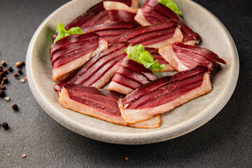 Duck breast slice magret smoked meat poultry meat food tasty snack fresh delicious gourmet food background on the table rustic food top view copy space