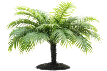 Realistic artificial palm tree with lush green fronds isolated on transparent background. Tropical palm tree isolated on white background.