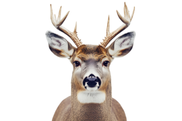 Close up portrait of a majestic buck deer head isolated on transparent background. White tailed deer is standing isolated on white background.