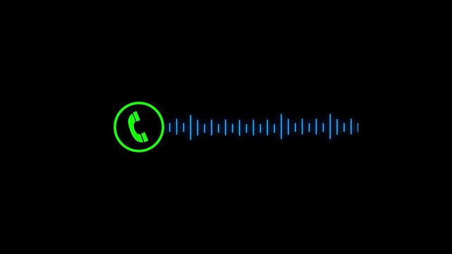 Animated phone call screen with sound wave signal. Voice communication indicator showing live audio flow. Digital calling interface element on dark background.