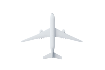 Top view of a white private jet airplane isolated on transparent background. Airplane rendered isolated on white background, 3D Rendering.