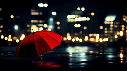 A vivid, atmospheric portrayal of a solitary red umbrella amidst a cityscape at night. The scene is set on a wet surface, reflecting the myriad of lights from the distant city lights.