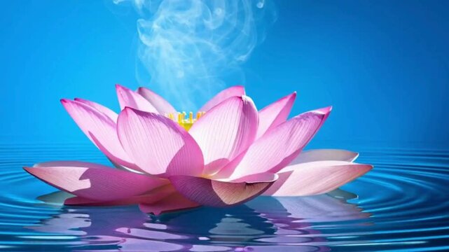 Pink Lotus Flower Blooming on Water Surface with Steam Rising in Calm Bright Setting