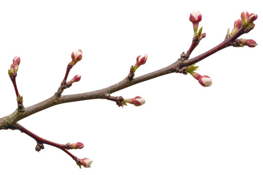 Delicate pink cherry blossom buds on a branch isolated on transparent background. Apple tree branch with pink and white blooming flower buds in spring isolated on white background.