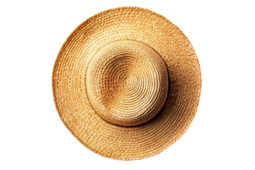 Close up of a woven straw cowboy hat isolated on transparent background. Beach straw hat top view isolated on white background.