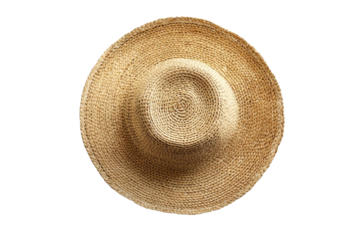 Close up of a woven straw cowboy hat isolated on transparent background. Beach straw hat top view isolated on white background.