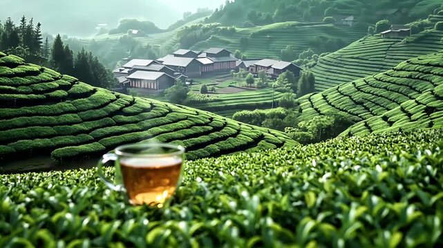 Tea industry. Tea leaves. Plantation. Culture. A glass cup of tea on a lush green tea plantation.