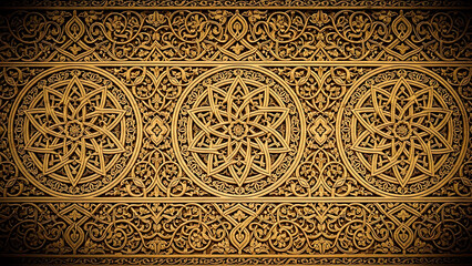 Fototapeta premium Intricate golden arabesque carving pattern background rich texture detail close up