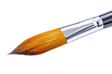 Close up of a round artist paintbrush with orange bristles isolated on transparent background. Big single paint brush isolated on white background.