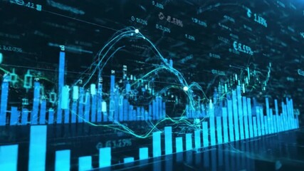 Abstract blue digital financial stock market bar charts and candlestick graphs display global economic trends with glowing data visualization elements. - Powered by Adobe