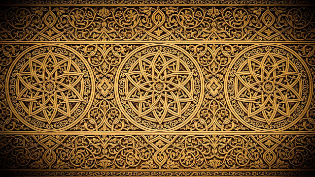 Intricate golden arabesque carving pattern background rich texture detail close up