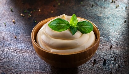 Creamy Mayonnaise In Bowl With Basil Leaves On Rustic Background