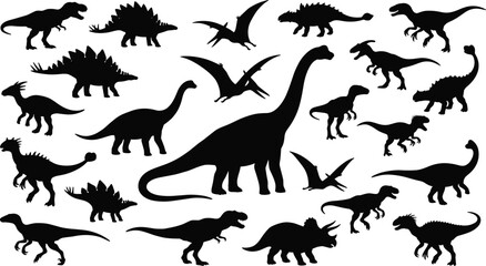 Dinosaur silhouette set featuring flying and walking prehistoric reptiles, jurassic animals collection with various species shapes isolated on white background © Hello there