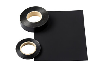 Two rolls of black silicone self fusing tape isolated on transparent background. Black sticky note with duct tape isolated on white background.