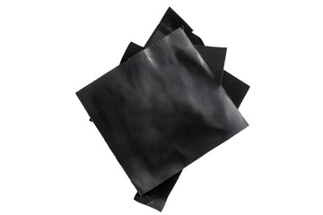 Abstract textured geometric shape isolated on transparent background. Black sticky note with duct tape isolated on white background.