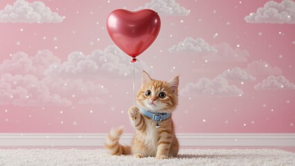 Cute ginger kitten holding a red heart balloon on a pink background. Adorable orange tabby cat sitting on a white rug. Valentine's Day love concept