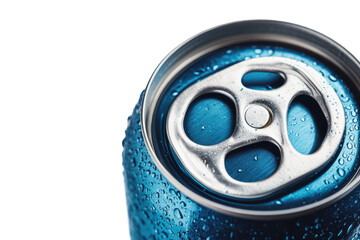 Close up of a blue soda can tab and top isolated on transparent background. Blue aluminum soda can isolated on white background.