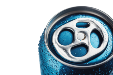 Close up of a blue soda can tab and top isolated on transparent background. Blue aluminum soda can isolated on white background.