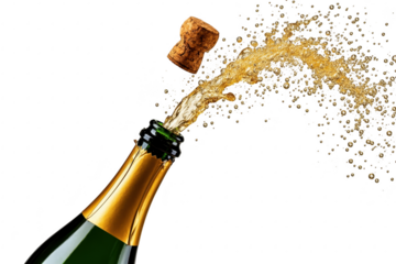 Vibrant champagne celebration with cork flying and golden liquid bursting from the bottle isolated on transparent background