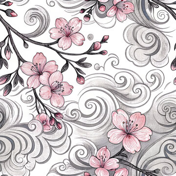 repeat pattern of Japanese-style smoke and cloud forms, hand-drawn sketch style, loose pencil linework, flowing around composition, with traditional irezumi smoke curls and soft pink cherry blossoms