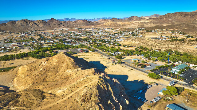 Aerial Beatty Nevada Mountain Landscape with Town and Desert Surroundings