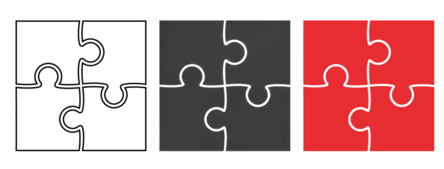 A set of puzzle pieces in white, gray, and red colors on transparent background
