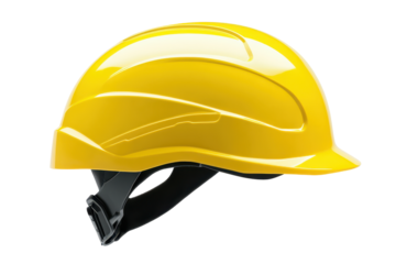 Bright yellow climbing helmet isolated on transparent background. Bright yellow safety helmet isolated on white background.