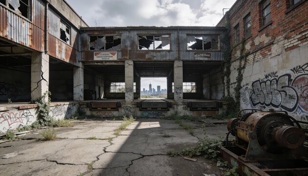 Urban exploration of abandoned warehouse with graffiti and decay
